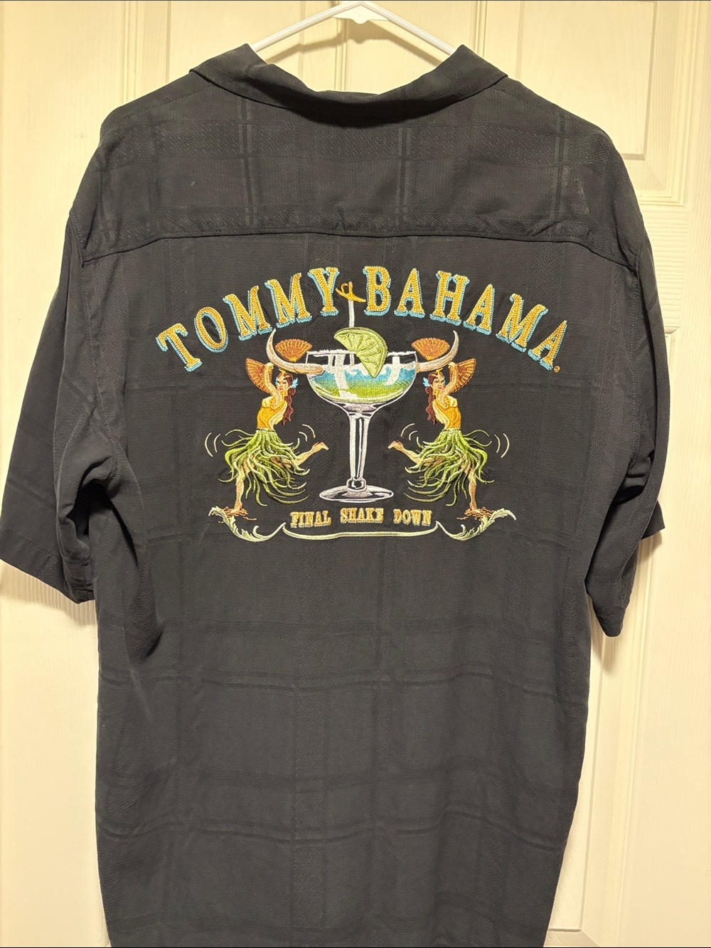 Tommy Bahama Black Short-Sleeve Camp Shirt with Embroidered Tropical Cocktail